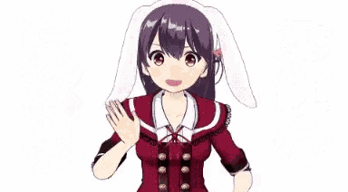 a girl with bunny ears is giving a thumbs up sign in a foreign language .