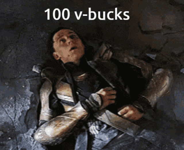 a man is laying on the ground with the words 100 v-bucks written above him