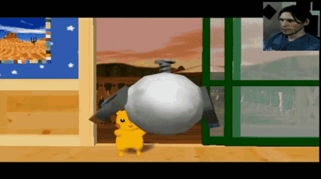 a video game screen shows a cartoon character holding a ball