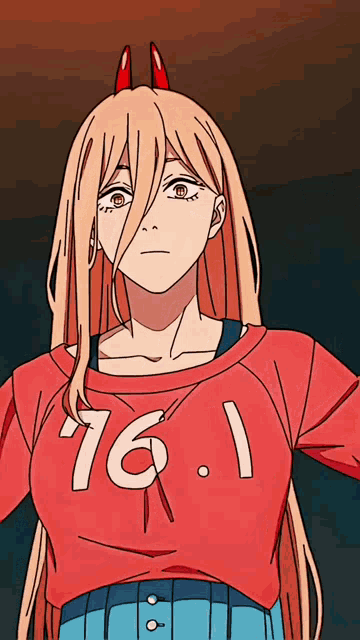 a drawing of a girl with horns wearing a red shirt with the number 76 on it
