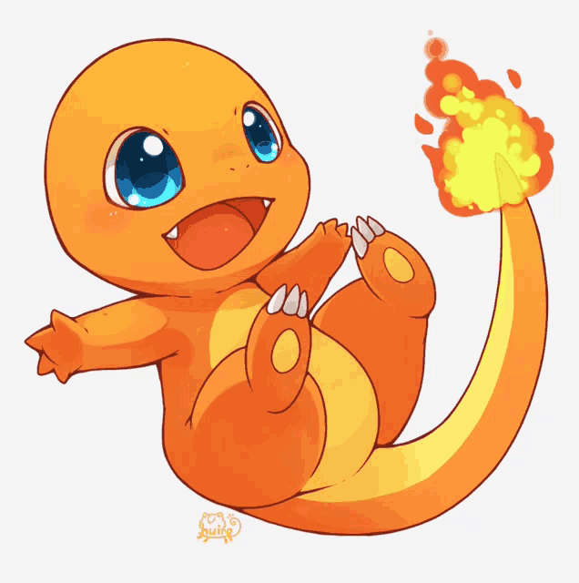 a cartoon drawing of a lizard with blue eyes and a fire tail