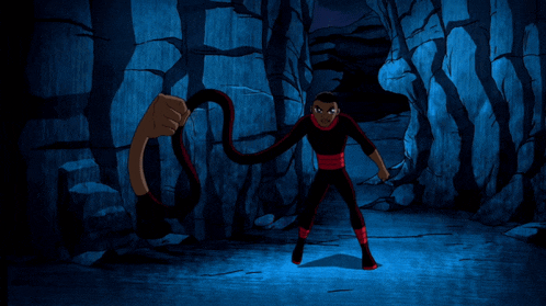 a cartoon character with a very long arm is in a cave