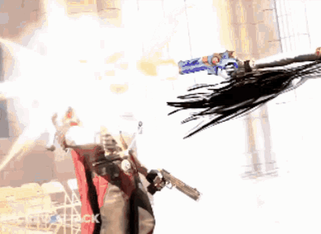 a man in a red coat is holding a gun in front of a building with the words " screw attack " below him