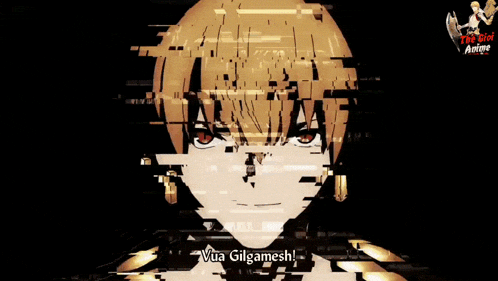 a close up of a person 's face with the words vua gilgamesh