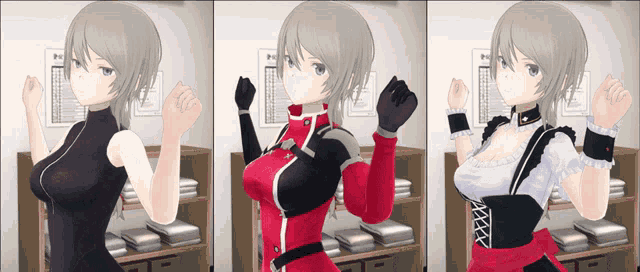 three images of a girl with a fist in the air in a room
