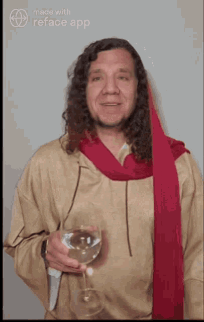 a man with long curly hair is holding a glass of wine made with reface app