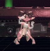 a cartoon character is dancing on a stage with a green light behind her .