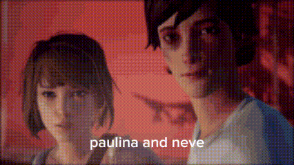 a man and a woman are standing next to each other and the words paulina and neve are on the bottom of the screen .