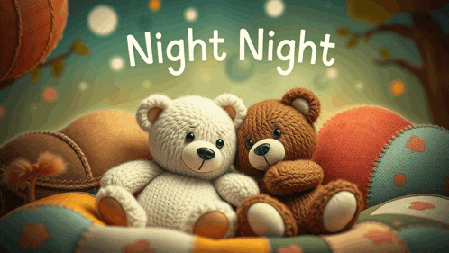 two teddy bears sitting on a bed with the words night night written above them