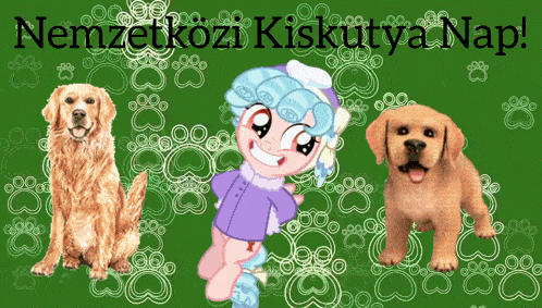three dogs and a little girl on a green background with the words nemzetkozi kiskutya nap