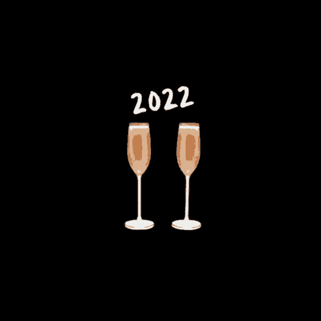 two glasses of champagne with the year 2022 written above them on a black background .