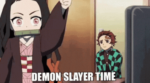 a girl is standing in front of a television with the words demon slayer time written on the bottom .
