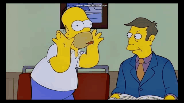 homer simpson is talking to a man who is reading a book
