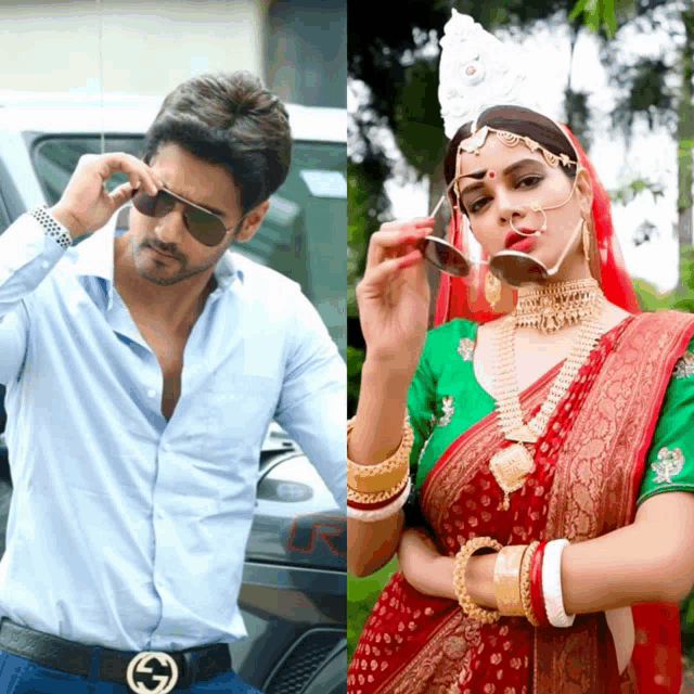 a man wearing sunglasses is next to a woman wearing a gucci belt