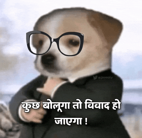 a dog wearing glasses and a tuxedo has a caption in a foreign language
