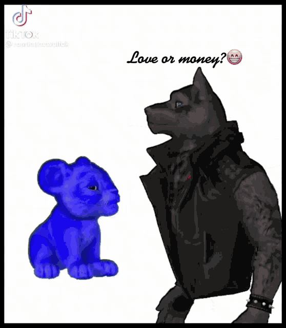 a blue lion is sitting in front of a pile of money with the words `` most be '' written on it .