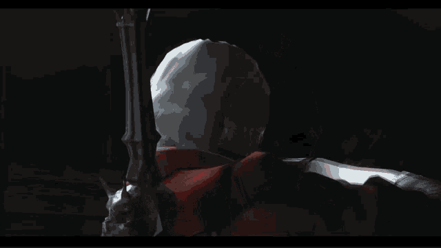 a man with white hair is holding a sword in his hand