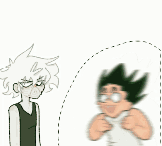 a cartoon of a boy in a blue tank top standing next to a cartoon of a man in a white shirt .