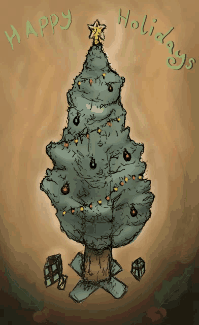 a drawing of a christmas tree and the words happy holidays