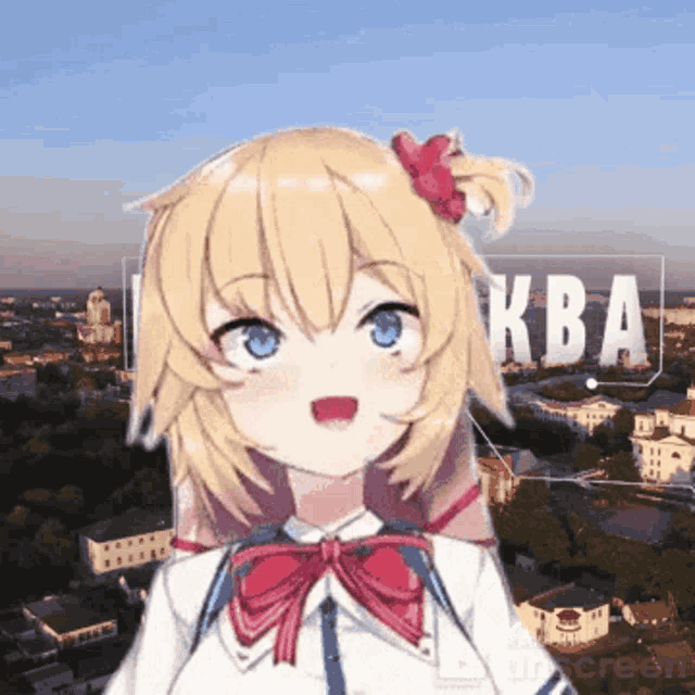 a girl with a flower in her hair is standing in front of a sign that says kba on it