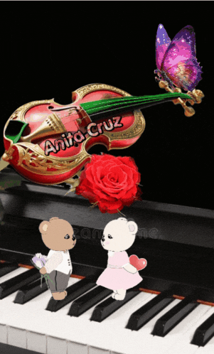 a couple of teddy bears standing on a piano with anita cruz written on the violin