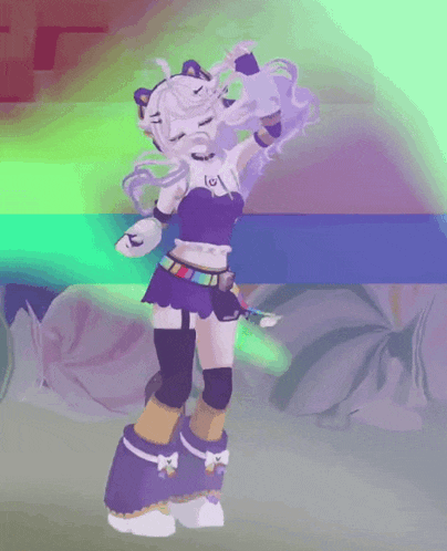 a girl in a purple dress is dancing in front of a colorful background