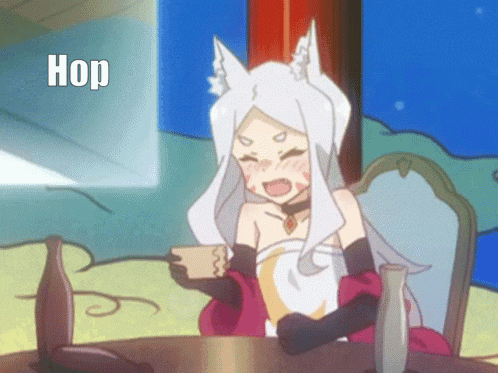 a fox girl is sitting at a table holding a cup of coffee and a bottle of alcohol .