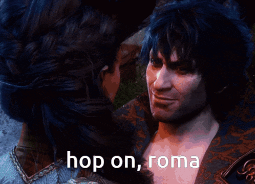 a woman touches a man 's face and the words hop on roma are visible