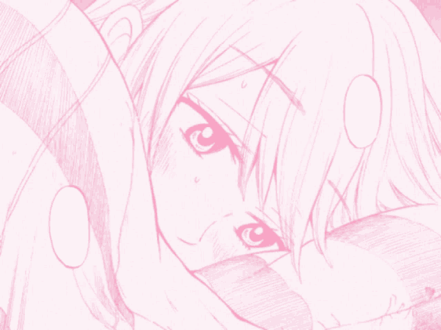 a pink and white drawing of a person with a speech bubble