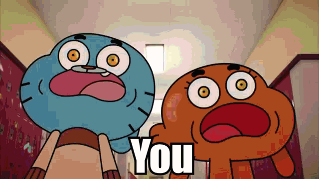 gumball and darwin from the amazing world of gumball are standing next to each other and saying you