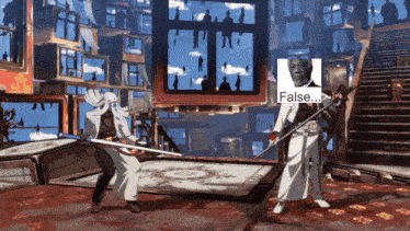a man holding a sword stands next to another man with a false sign above him