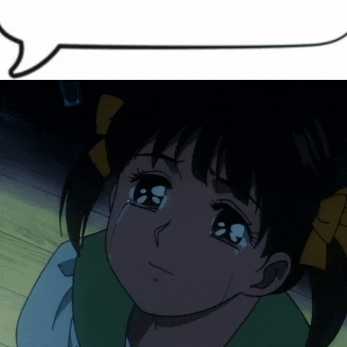 a girl with pigtails is crying with a speech bubble behind her