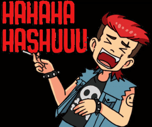 a cartoon of a man with red hair laughing and pointing at something