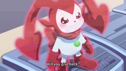 a cartoon character says " will you give back " while standing in front of a printer