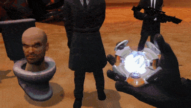 a hand is holding a glowing object in front of a man 's head in a toilet