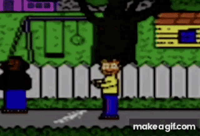 a cartoon character is standing next to a fence in front of a house in a video game .