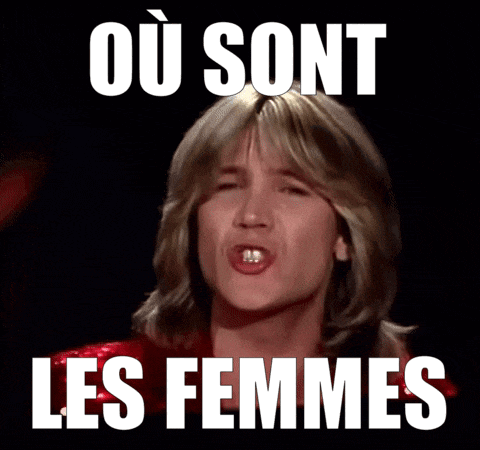 a man with blonde hair is making a funny face with the words " ou sont les femmes " above him