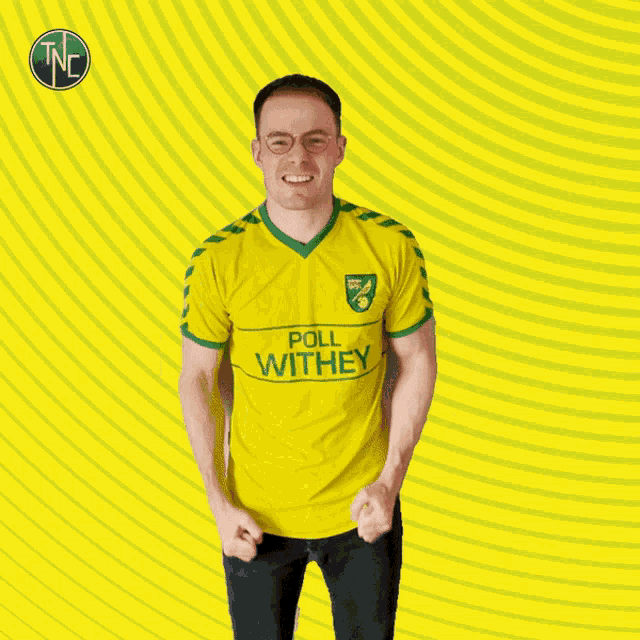 a man in a yellow shirt that says poll withey