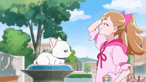 a girl in a pink dress stands next to a white cat with blue eyes