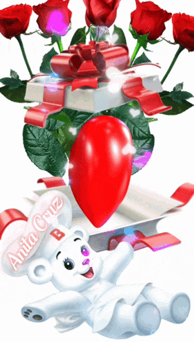 an animated image of a teddy bear holding a red heart and roses by anita cruz