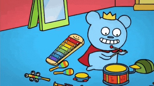 a cartoon drawing of a bear playing a drum and xylophone