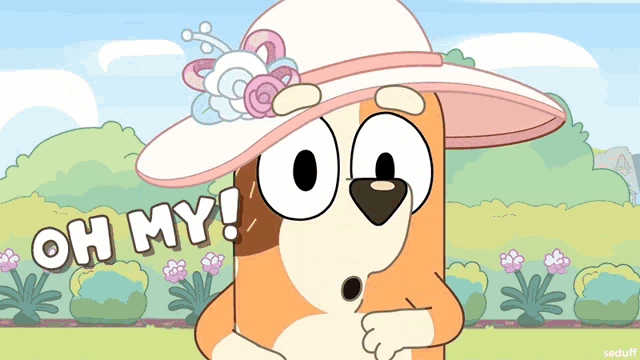 a cartoon dog wearing a hat with the words oh my written on it