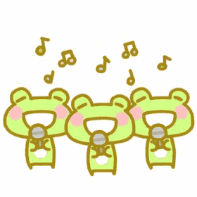a cartoon of three frogs singing with microphones