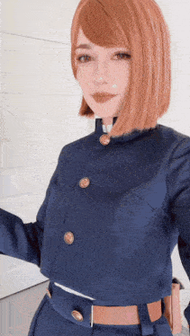 a woman in a cosplay costume is taking a selfie in front of a white door .