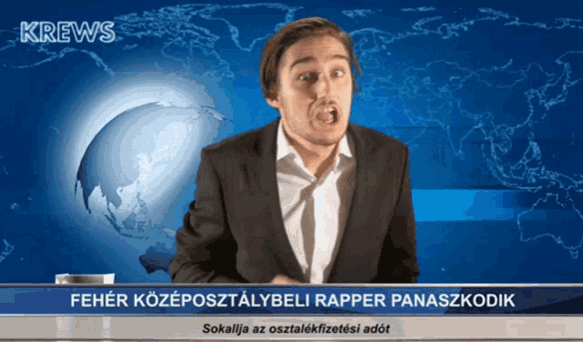 a man in a suit and tie is standing in front of a news report that says krews on it