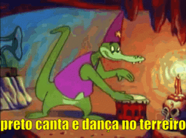 a cartoon of a crocodile playing a drum with the words preto canta e danca no terreiro above him