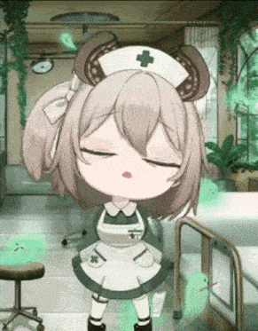 a nurse is standing in a hospital room with her eyes closed and a ghost flying around her .
