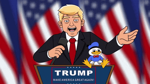 donald trump is giving a speech at a podium with donald duck on it