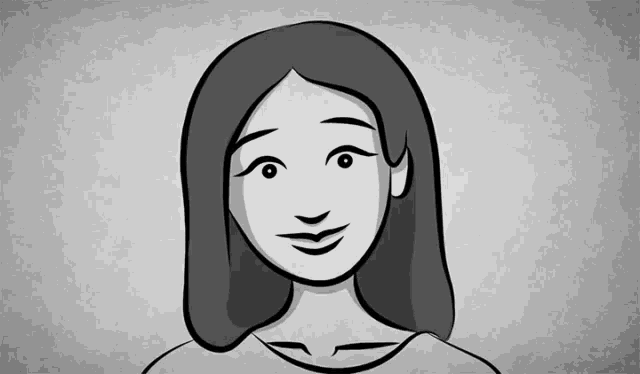 a black and white drawing of a woman smiling