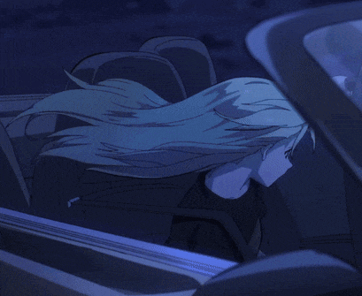 a girl with long blue hair is driving a car